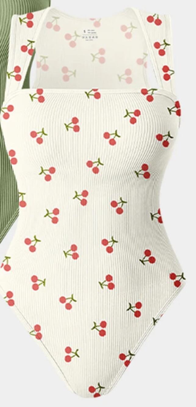 OQQ Square Neck Sleeveless Bodysuits- Cherry Design